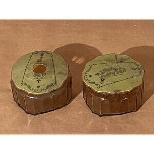 2 Vintage Amber Glass Dresser Boxes with Celluloid Lids Powder Jars MCM